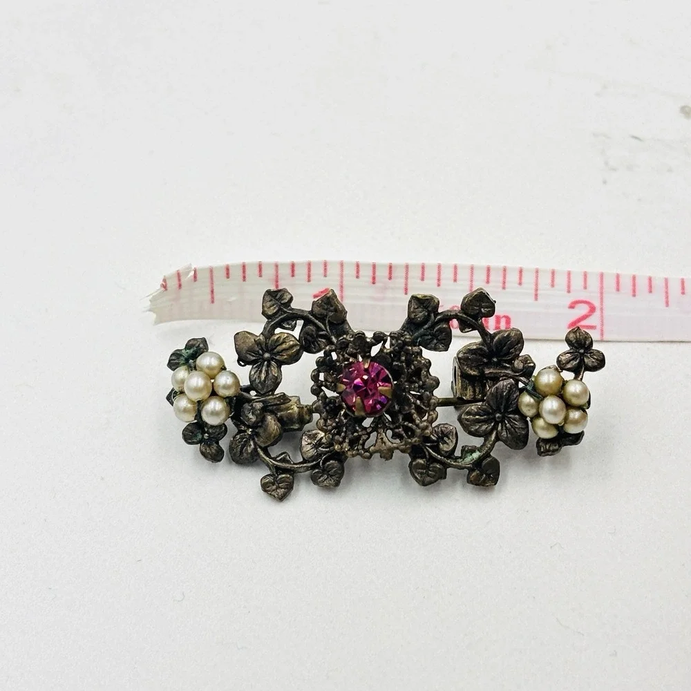 Vintage Mid Century Brass Filigree Brooch Hand Wired Pearls and Pink Rhinestone